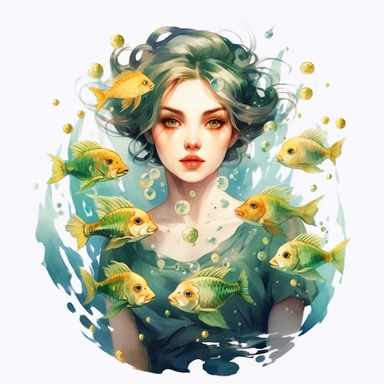 Pisces zodiac sign as fantasy beautiful girl surrounded by two golden Nishiki-goi fish, water, sea green, water theme, water Lily, Watercolor pisces Zodiac Sign Clipart, 8k, detailed white background, uplighted
