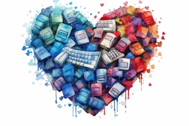 Watercolor, Craft a heart shape using intertwined computer keyboards and mice clipart, hd, on a white background, spaced out