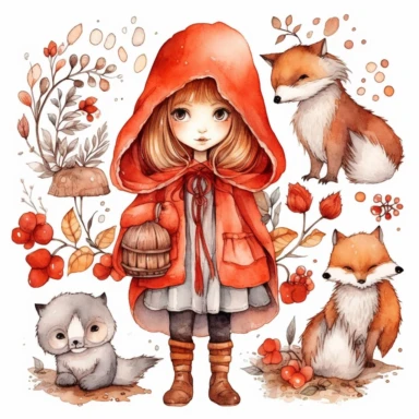 red riding hood clipart, vector art, clip art, clipart, in the style of claudia tremblay, birds& flowers, kawaii manga, realistic watercolors, dark white and light orange, eleanor fortescue - brickdale, isolated figures