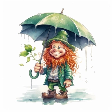 Cute Adorable magical little leprechaun with a cylinder hat and a red beard holds laterally a umbrella in his hand wears a raincape and stand in the rain on a country road, clipart, photorealistic illustration, watercolor, high detail, 8k polished, 8k, vibrant colors, white background