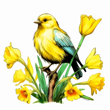 clipart of A vibrant yellow Canary perched on a branch of blooming yellow daffodils., vintage, fantasy, story book, uplighted, watercolor, black ink style, beautiful colors, white background