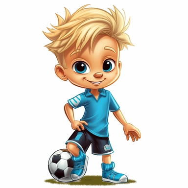 a 8 year old blond boy as a soccer star with hairstyle short sides, comic style clipart like paw patrol
