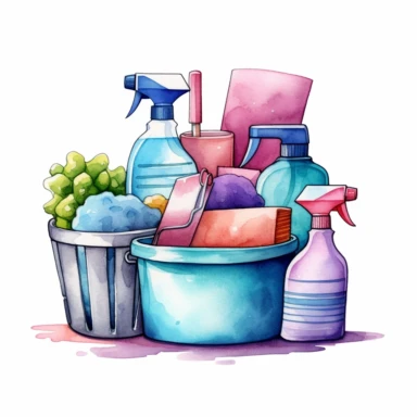 individual housekeeping cleaning items, clipart, cartoon, hyperealistic, kawaii, watercolor, clean white background
