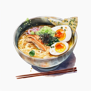 an bowl of japanese ramen, anime art, authentic ramen, watercolor, white background, clipart