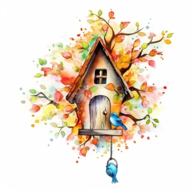vector clipart, isolated on white background, beautiful lovely Watercolor Spring wooden bird house hanging on the tree with small fruits, ornated, vivid and saturated colors