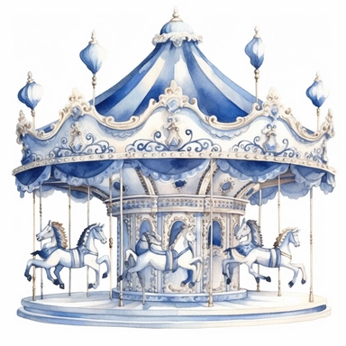watercolour clipart of blue and white Carousel Nursery Art, with white backgroun