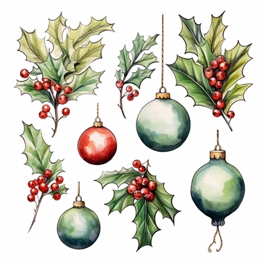 Holly and Baubles Christmas style by Lucy Fleming, watercolor, smooth gradients, black contour outline, ultra detailed, clipart elements, delicate pastel colors, solid white background, super clear, high quality