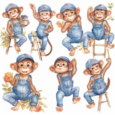 clipart a playful monkey wearing denim overalls, sitting on a tree branch,multiple poses and expressions,watercolor,illustration style