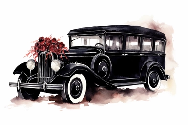 Watercolor illustration. Clipart. Detailed wedding car vintage hearse, with cans and other goth deco. Perfect and delicate details. Sharpen. Isolated on white paper background. Use shades of black and dark-red and other dark contrast colors to represent the Goth style. Precise details. The overall mood of the illustrations should be extravagant. The image should be adorned with details such as texture, shading, and other realistic features.