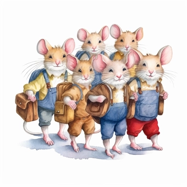 a group of happy school mouse walking on the street with school bags and school uniforms, detailed, watercolor, white background, clipart