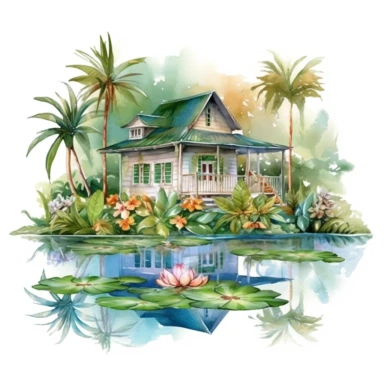 watercolor magical bungalow house in the tropical jungle with amazing garden clipart near the river, lotus plants on the water surface, peacefull, white background, 8k