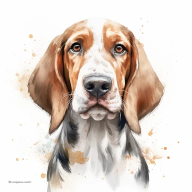 cute Posavac Hound dog portrait, full face, centered shot, side shot, dynamically posed, in action, playful mood, happy mood, playing mood, cute face, adorable smile, childlike eyes, clean watercolor illustration, white background, nursery baby imagery, painting, detailed, 8k, PNG, clipart,