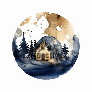 create a cute aesthetic crystal ball with a tiny home inside, clipart, brush made, watercolour, very minimalist, dark blue and brown shades, gold foiled,