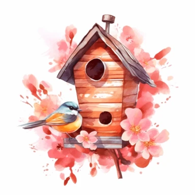 vector clipart, isolated on white background, beautiful lovely Watercolor Spring wooden bird house hanging on the orange bloming tree, ornated, pastel and saturated colors