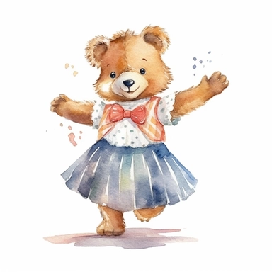Cute baby bear clipart, happy expression, standing in dynamic pose, full body,2000s color scheme, wear bow headband,Gingham print sundress, front view, in the style of watercolor cartoon clipart, kate greenaway style, high resolution, composition free space,watercolour clipart, watercolor illlustration for kids and children, isolated white background, clipart most popular on etsy, book illustration, featured on dribble, print on demand image, PNG tranparent background, composition medium shot, n
