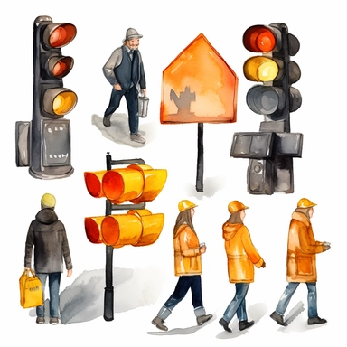 crosswalk guard elements clipart,Stop sign ,Whistle ,Hand signals,Cone ,Clipboard ,Hat,Walkie-talkie,Backpack ,Safety lights ,Training materials,school crosswalk ,crosswalk sign,2d cartoon illustration watercolor ,white background