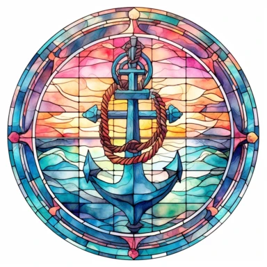 commercial shot of watercolor nautical anchor Stain glass window clipart, whimsical, sublimation clipart, fantasy, deep colors, high quality watercolor style clipart, isolated on white, award winning,