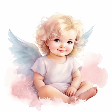 delightful watercolor image, full body cute newborn baby angel girl on white background, she is sitting on a cloud in pink dress and smiling gently. She has sparkling blue eyes twinkled with wonder and blond curls on her head, professional watercolor clipart, high resolution