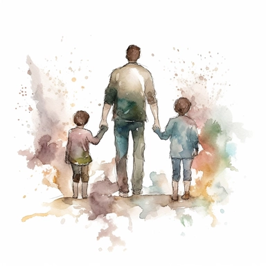 children holding father's hand, water color style, clipart, white background
