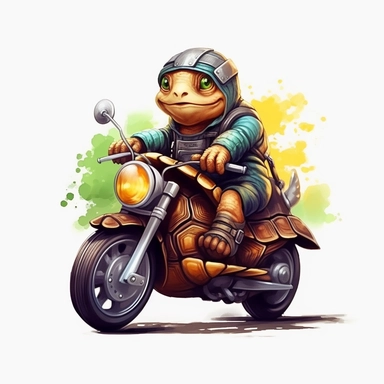 Create a clipart of a cute baby turtle in a leather jacket riding a vintage motorcycle. Strong and vibrant colors. Jungle trees before a White Background, soft lighting.