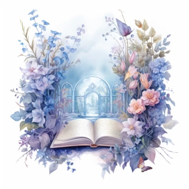 fantasy scene coming out of an open book, secret garden, florals, magical, watercolors, Clipart, pastel blue color theme