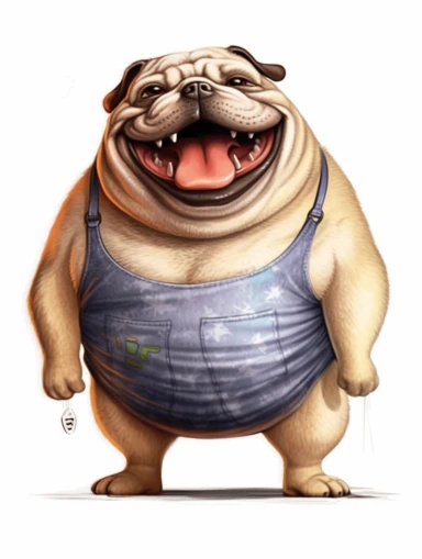 Obese Pug Dog with a smiley t-shirt on. Clipart-style. High detailed. Color contrast. Super-Resolution