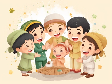 A joyful clipart featuring happy kids dressed in traditional attire, celebrating Eid Mubarak. The children are depicted playing, holding hands, and exchanging gifts, radiating excitement and the pure joy of this festive and special occasion.