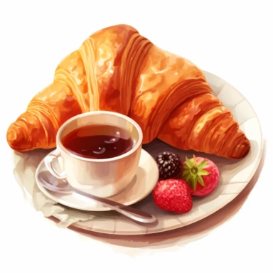clipart crispy french croissants, visible butter, strawberry jam and a cup of coffee