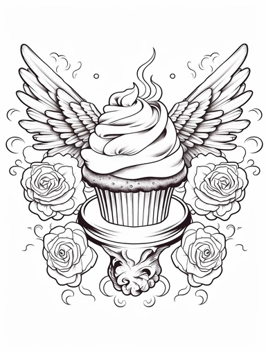 Coloring book, white background, clip art, line work. Cupcakes, with a halo and wings.