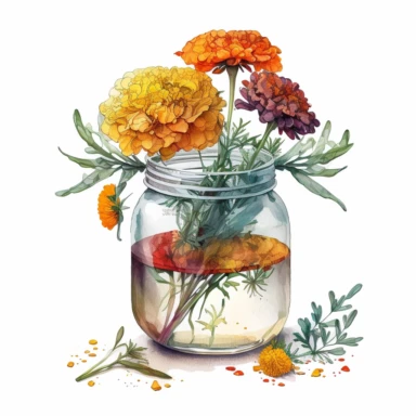[1698708546] Watercolor clipart. A lively watercolor composition showcasing a bunch of marigolds gracefully arranged in a transparent glass jar.. White background. No text. No caption. No logo