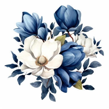 navy blue colored magnolia flowers arrangement with watercolor effect,suitable for digital clipart,white background,green leaves