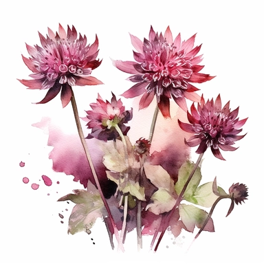 create watercolor clipart with Burgundy Blush Astrantia on white background, a branch with astrantia flowers, color wine and burgundy, by Thomas W.Schaller