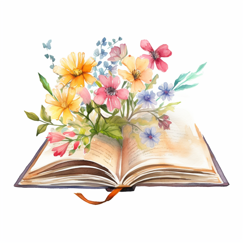 an open book with a boquet of flowers growing from the middle ...