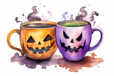 halloween coffee mug, purple, black green, orange, watercolor clipart