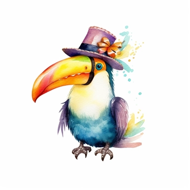 an enchanting watercolor clipart image with a white background, showcasing a baby toucan with a bright smile, its colorful beak and cheerful demeanor adding a splash of tropical delight to the collection.