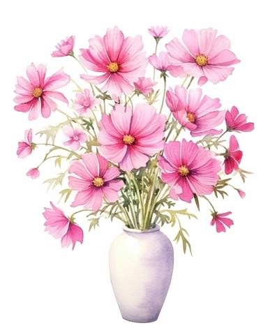 detailed vibrant watercolor bouquet of pink cosmos in plain ceramic vase white space , isolated on white background, realistic, clipart