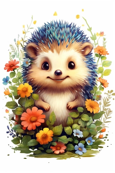 Cute and baby, colorful animal hedgehog, meadow with flowers and green leaves, walt disney style, color, 4k, quality, detailed, clipart, light pastel colors, smile, with a black outline , cartoon illustration in vector, in vector style ad high contrast, happy cartoon, cartoon style illustration, children's book illustration,