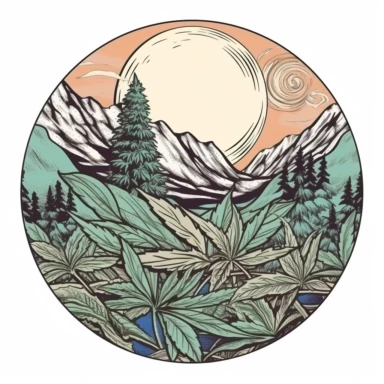 marijuana leaves and mountains circular hand drawn clipart vector illustration