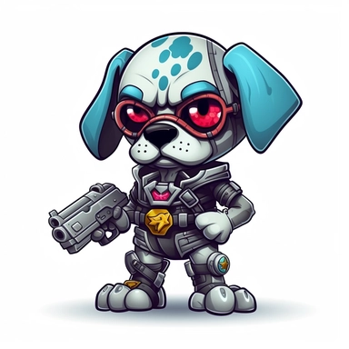 cartoon cyborg dog character holding a pistol, clipart