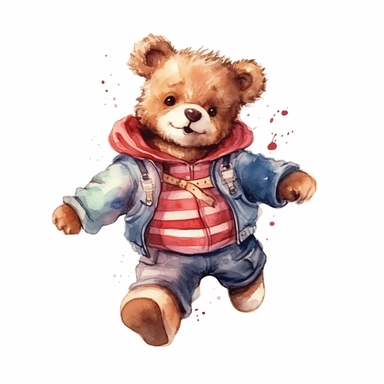 draw charming watercolor illustrations of a teddy bear wearing a shirt, the same character in different situations jumpingn watercolor, single object, watercolor illustration, cartoon clipart, white background for removing background