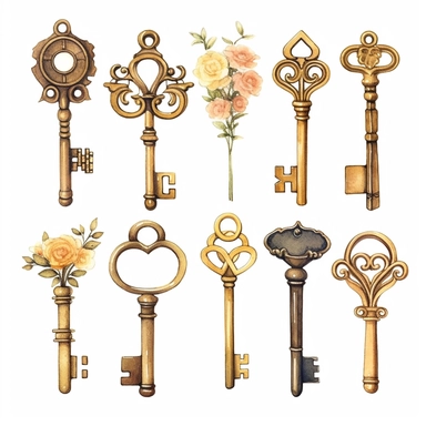 assorted gold keys inspired by Alice in wonderland watercolor illustration, design elements isolated on white background, vintage clip art - Image #4 <@1098423716465102849>