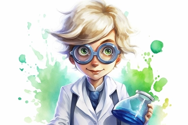 Watercolor, Generate a cartoon character wearing a lab coat and goggles, portraying a female scientist clipart, hd, on a white background, spaced out