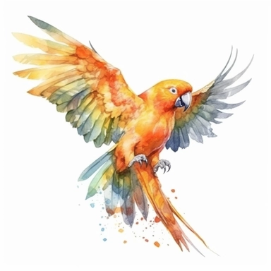 vibrant watercolor cute tropical orange parrot flapping wings clipart isolated no background