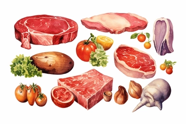 Watercolor, Beef, Meat and poultry, clipart, hd, on a white background, spaced out