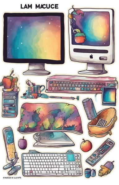 colorful hand drawn mac computer clipart set, sticker sheet, vector clipart, watercolor in the style of Lois Van Baarle and Craig Mullins, in the style of Pixar, realistic hyper-detail on white smooth background with margins