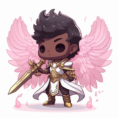 zeeb labs art style boy, angel knight, tiny chibi body with pink armor, dark skin tone, crown, wings, ax, smerk, super long cape, clipart, sticker, no background, hd