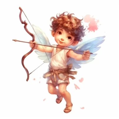 Fantasy Style Ancient Roman style Young happy Boy Cupid God flying sky and holding arrow and bow with watercolor effect,pinky cheeks,beautiful white little wings,suitable for digital clipart,white background,Mythologic Scene,Ancient roman fashion Clipart ,Cartoon,hyper realistic, intricate detail, illustration style,high solution,on the white background