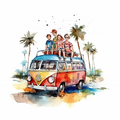 watercolor colorful clipart of a happy family road trip, hd, on white background