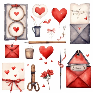Set of love envelopes (opened and closed), I love you words, blank notebook paper sheet, red heart, cupid arrow. Handdrawn water color painted clip art, Saint Valentine's Day decoration and symbols.