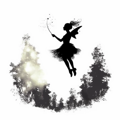 black silhouettes of cute fairy flying with magic wand in the forest, clipart with white background, watercolor style, clearly defined separate image, high quality--ar3:4-no mockups, watermarks, numbers, writing, letters--q2--v5.1--s1000